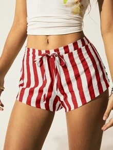 SHEIN EZwear 大码女式春夏腰带条纹休闲短裤 - 彩色 - 查看 6