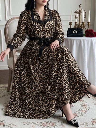Vibekara Spring/Autumn Elegant Fashion Minimalist Date & Commute Style Long Sleeve Dress, Blazer Collar Leopard Print Dress, Bow, Vacation, Summer Women Outfit, New Spring/Autumn Dress, Petite College Style, Youthful Slimming Professional Long Dress, New Summer French Loose Dress