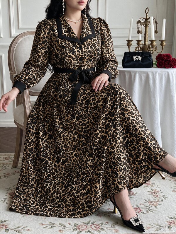 Vibekara Spring/Autumn Elegant Fashion Minimalist Date & Commute Style Long Sleeve Dress, Blazer Collar Leopard Print Dress, Bow, Vacation, Summer Women Outfit, New Spring/Autumn Dress, Petite College Style, Youthful Slimming Professional Long Dress, New Summer French Loose Dress