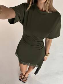 Aloruh Women's Elegant Round Neck Asymmetrical Hem Lace Patchwork Cinched Waist Short Sleeve Mini Dress - Army Green - View 4