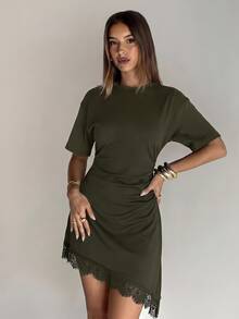 Aloruh Women's Elegant Round Neck Asymmetrical Hem Lace Patchwork Cinched Waist Short Sleeve Mini Dress - Army Green - View 6