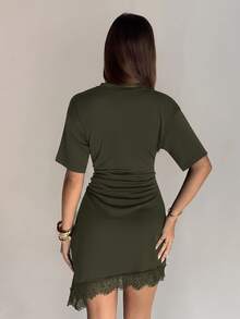 Aloruh Women's Elegant Round Neck Asymmetrical Hem Lace Patchwork Cinched Waist Short Sleeve Mini Dress - Army Green - View 2