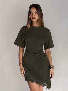 Aloruh Women's Elegant Round Neck Asymmetrical Hem Lace Patchwork Cinched Waist Short Sleeve Mini Dress - Army Green - View 5