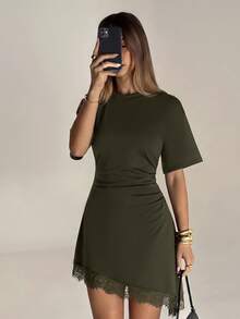 Aloruh Women's Elegant Round Neck Asymmetrical Hem Lace Patchwork Cinched Waist Short Sleeve Mini Dress - Army Green - View 7