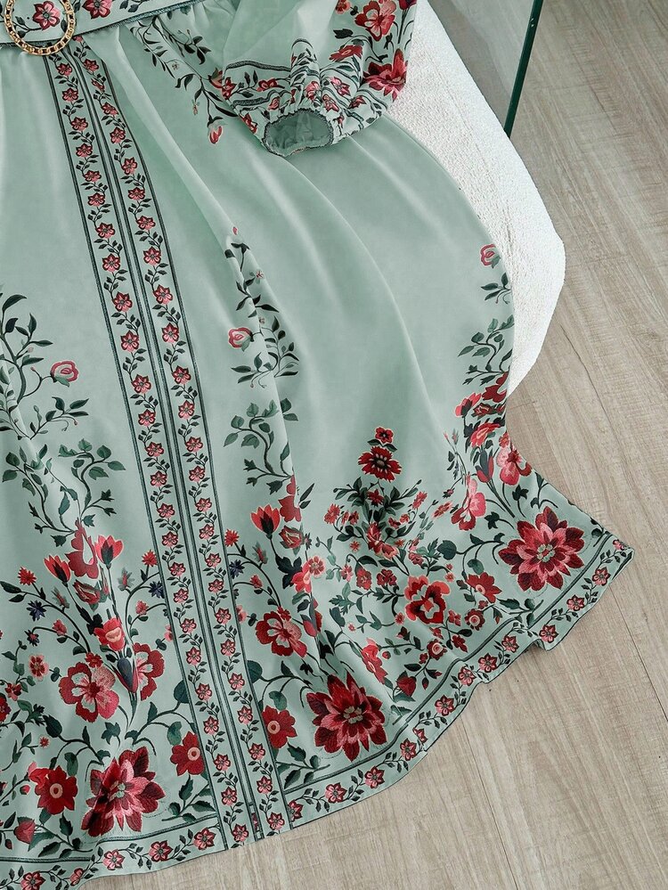 Modelyn Plus Size Floral Print Button Front Lantern Sleeve Casual Dress, Autumn Fall - Green - View 7