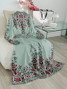 Modelyn 大码印花纽扣前开襟灯笼袖休闲连衣裙，秋季 - 綠色 - 查看 2