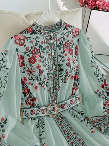 Modelyn 大码印花纽扣前开襟灯笼袖休闲连衣裙，秋季 - 綠色 - 查看 4