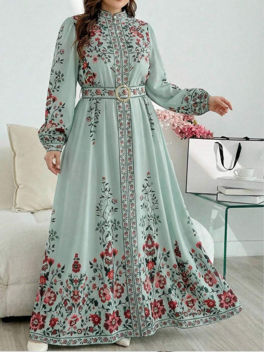 Modelyn 大码印花纽扣前开襟灯笼袖休闲连衣裙,秋季 - 綠色 - 查看 1