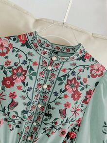 Modelyn 大码印花纽扣前开襟灯笼袖休闲连衣裙，秋季 - 綠色 - 查看 5