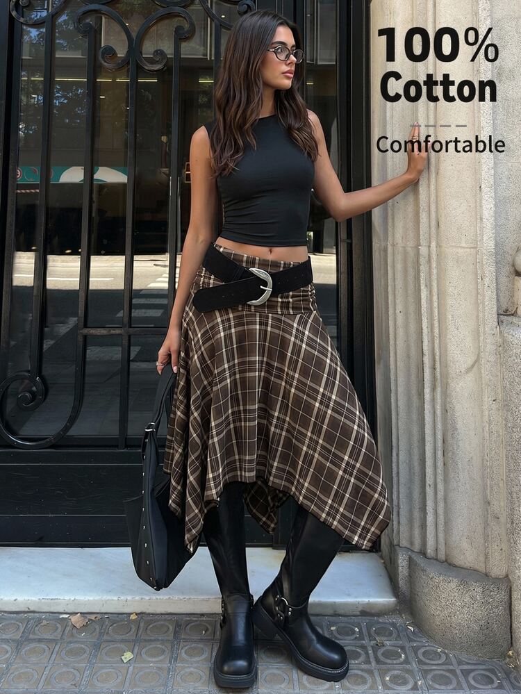 Aloruh Women's Spring/Summer New Low Waist Asymmetrical Hem Plaid Skirt, Vintage Y2K Streetwear - Brown - View 7