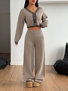 SHEIN PETITE 女款羊毛寬鬆居家兩件套舒適休閒套裝，女款 2 件套居家褲裝棕色毛衣套裝，秋冬針織米色，適合嬌小女性 - 卡其色 - 查看 3