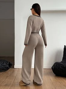 SHEIN PETITE 女款羊毛寬鬆居家兩件套舒適休閒套裝，女款 2 件套居家褲裝棕色毛衣套裝，秋冬針織米色，適合嬌小女性 - 卡其色 - 查看 2