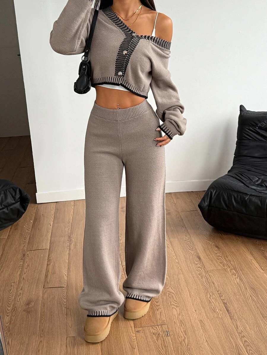SHEIN PETITE 女款羊毛寬鬆居家兩件套舒適休閒套裝,女款 2 件套居家褲裝棕色毛衣套裝,秋冬針織米色,適合嬌小女性 - 卡其色 - 查看 1