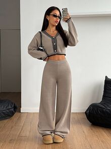 SHEIN PETITE 女款羊毛寬鬆居家兩件套舒適休閒套裝，女款 2 件套居家褲裝棕色毛衣套裝，秋冬針織米色，適合嬌小女性 - 卡其色 - 查看 6