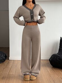 SHEIN PETITE 女款羊毛寬鬆居家兩件套舒適休閒套裝，女款 2 件套居家褲裝棕色毛衣套裝，秋冬針織米色，適合嬌小女性 - 卡其色 - 查看 5