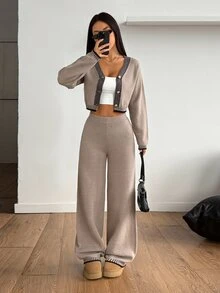 SHEIN PETITE 女款羊毛寬鬆居家兩件套舒適休閒套裝，女款 2 件套居家褲裝棕色毛衣套裝，秋冬針織米色，適合嬌小女性 - 卡其色 - 查看 7