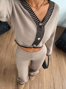 SHEIN PETITE 女款羊毛寬鬆居家兩件套舒適休閒套裝，女款 2 件套居家褲裝棕色毛衣套裝，秋冬針織米色，適合嬌小女性 - 卡其色 - 查看 4