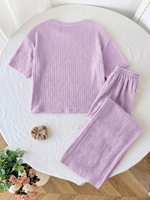 SHEIN Serisse Kids Tween女孩童裝寬鬆休閒極簡舒適針織紋理圓領短袖T恤與長褲2件套，返校穿搭，日常穿著，棕色針織套裝 - 紫色 - 查看 6