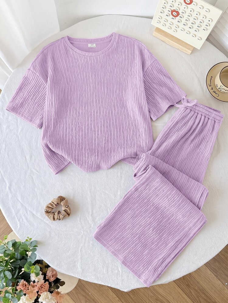 SHEIN Tween Girl Kids Loose Casual Minimalist Comfortable Knit Textured Round Neck Short Sleeve T-Shirt And Pants 2-Piece Set, Back To School Outfit, Daily Wear, Brown Knit Set - Purple - View 4