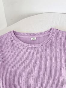 SHEIN Serisse Kids Tween女孩童裝寬鬆休閒極簡舒適針織紋理圓領短袖T恤與長褲2件套，返校穿搭，日常穿著，棕色針織套裝 - 紫色 - 查看 8