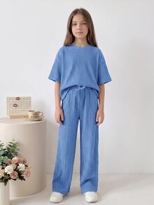 SHEIN Serisse Kids Tween女孩童裝寬鬆休閒極簡舒適針織紋理圓領短袖T恤與長褲2件套，返校穿搭，日常穿著，棕色針織套裝 - 藍色 - 查看 3