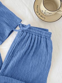 SHEIN Serisse Kids Tween女孩童裝寬鬆休閒極簡舒適針織紋理圓領短袖T恤與長褲2件套，返校穿搭，日常穿著，棕色針織套裝 - 藍色 - 查看 7