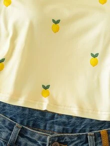 SHEIN Sparklyn 青少年女孩無袖上衣，淺黃色檸檬刺繡，夏季休閒可愛外出穿搭，Y2K登山風 - 彩色 - 查看 7