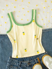 SHEIN Sparklyn 青少年女孩無袖上衣，淺黃色檸檬刺繡，夏季休閒可愛外出穿搭，Y2K登山風 - 彩色 - 查看 2