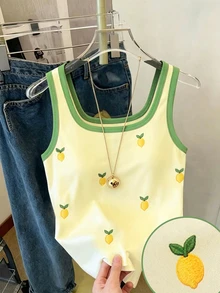 SHEIN Sparklyn 青少年女孩無袖上衣，淺黃色檸檬刺繡，夏季休閒可愛外出穿搭，Y2K登山風 - 彩色 - 查看 1