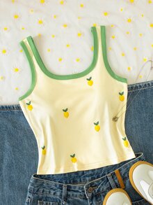 SHEIN Sparklyn 青少年女孩無袖上衣，淺黃色檸檬刺繡，夏季休閒可愛外出穿搭，Y2K登山風 - 彩色 - 查看 3