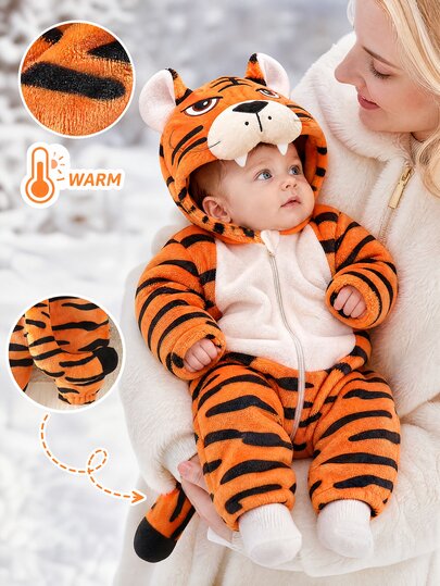 SHEIN Newborn Plush Tiger Print Tiger Costume 3D Cute Little Tiger Design Long Sleeve Long Pants Hooded Jumpsuit Suitable For Photography, Party, Daily Wear