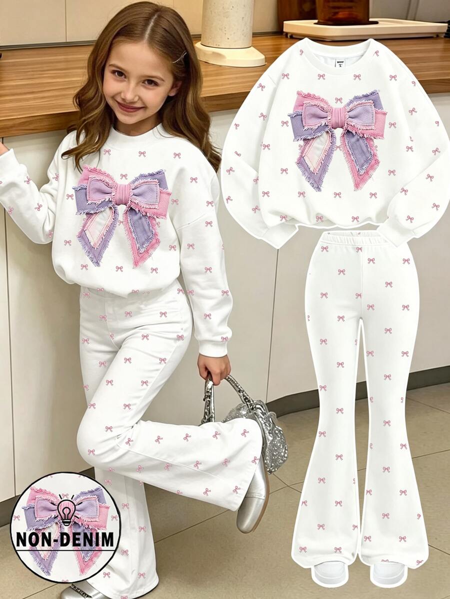 Young Girls Fall Bow Print Crew Neck Sweatshirt & Flare Pants Set, Cozy Autumn Outfit - Multicolor - View 1
