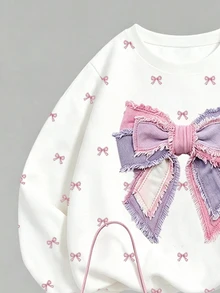Young Girls Fall Bow Print Crew Neck Sweatshirt & Flare Pants Set, Cozy Autumn Outfit - Multicolor - View 6