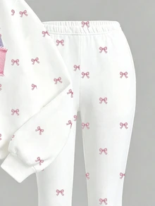 Young Girls Fall Bow Print Crew Neck Sweatshirt & Flare Pants Set, Cozy Autumn Outfit - Multicolor - View 4
