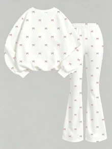 Young Girls Fall Bow Print Crew Neck Sweatshirt & Flare Pants Set, Cozy Autumn Outfit - Multicolor - View 2