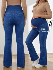 SHEIN 女士高腰喇叭休闲百搭牛仔裤，适合冬季、圣诞节、新年、感恩节、通勤、度假、毕业典礼等场合，时尚又可爱，充满Y2K风格，街头风十足，适合派对、婚礼、商务休闲等各种场合。这款时尚黑色孕妇喇叭裤，高腰设计，支撑性强，专为准妈妈打造，提供腹部支撑，适合多种场合。简约弹力设计，全天舒适穿着。 - 寶藍色 - 查看 7