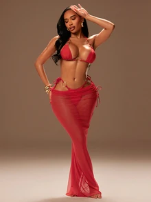 Radiana Women's Red Metal Ring Splice Bikini & Sheer Long Skirt Cover-Up,3-Piece Swimwear Set,70s Retro Halter Triangle Top,Summer Beach Party Holiday Outfit - Red - View 2