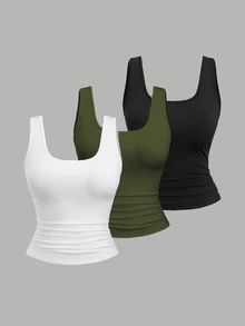 Sweetra Plus Size Women Summer Short Square Neck Pleated Casual Tank Top - Multicolor - View 1