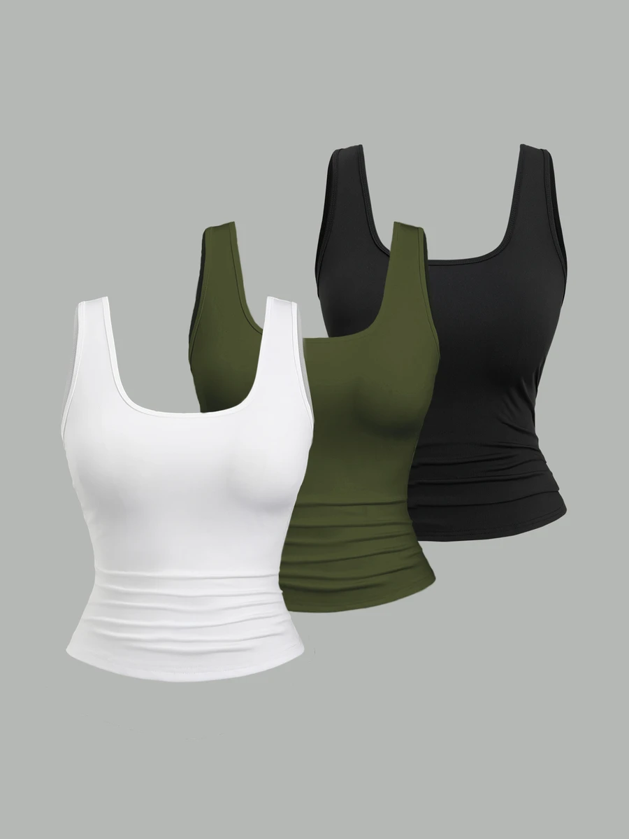 Sweetra Plus Size Women Summer Short Square Neck Pleated Casual Tank Top - Multicolor - View 1