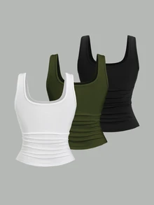 Sweetra Plus Size Women Summer Short Square Neck Pleated Casual Tank Top - Multicolor - View 2