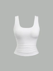 Sweetra Plus Size Women Summer Short Square Neck Pleated Casual Tank Top - Multicolor - View 4