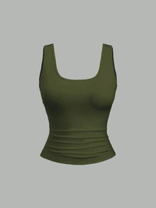 Sweetra Plus Size Women Summer Short Square Neck Pleated Casual Tank Top - Multicolor - View 5