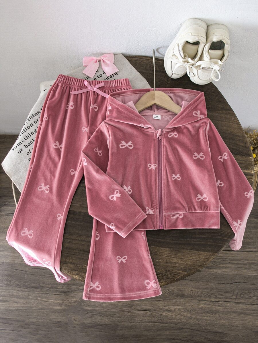 SHEIN 女童拉鍊連帽外套與蝴蝶結裝飾喇叭褲 2 件套,幼兒生日櫻桃秋季 7 歲生日粉色嬰兒 - 粉色 - 查看 1