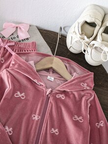 SHEIN 女童拉鍊連帽外套與蝴蝶結裝飾喇叭褲 2 件套，幼兒生日櫻桃秋季 7 歲生日粉色嬰兒 - 粉色 - 查看 4