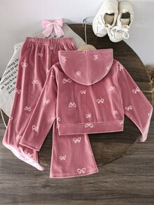 SHEIN 女童拉鍊連帽外套與蝴蝶結裝飾喇叭褲 2 件套，幼兒生日櫻桃秋季 7 歲生日粉色嬰兒 - 粉色 - 查看 2