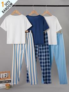 SHEIN [1 Set Dikirim Secara Acak] Set Pakaian Santai Anak Laki-Laki Lucu Modis Motif Kartun Lengan Pendek Celana Panjang Kain Sutra Susu - MultiWarna - View 4