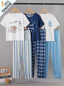 SHEIN [1 Set Dikirim Secara Acak] Set Pakaian Santai Anak Laki-Laki Lucu Modis Motif Kartun Lengan Pendek Celana Panjang Kain Sutra Susu - MultiWarna - View 5