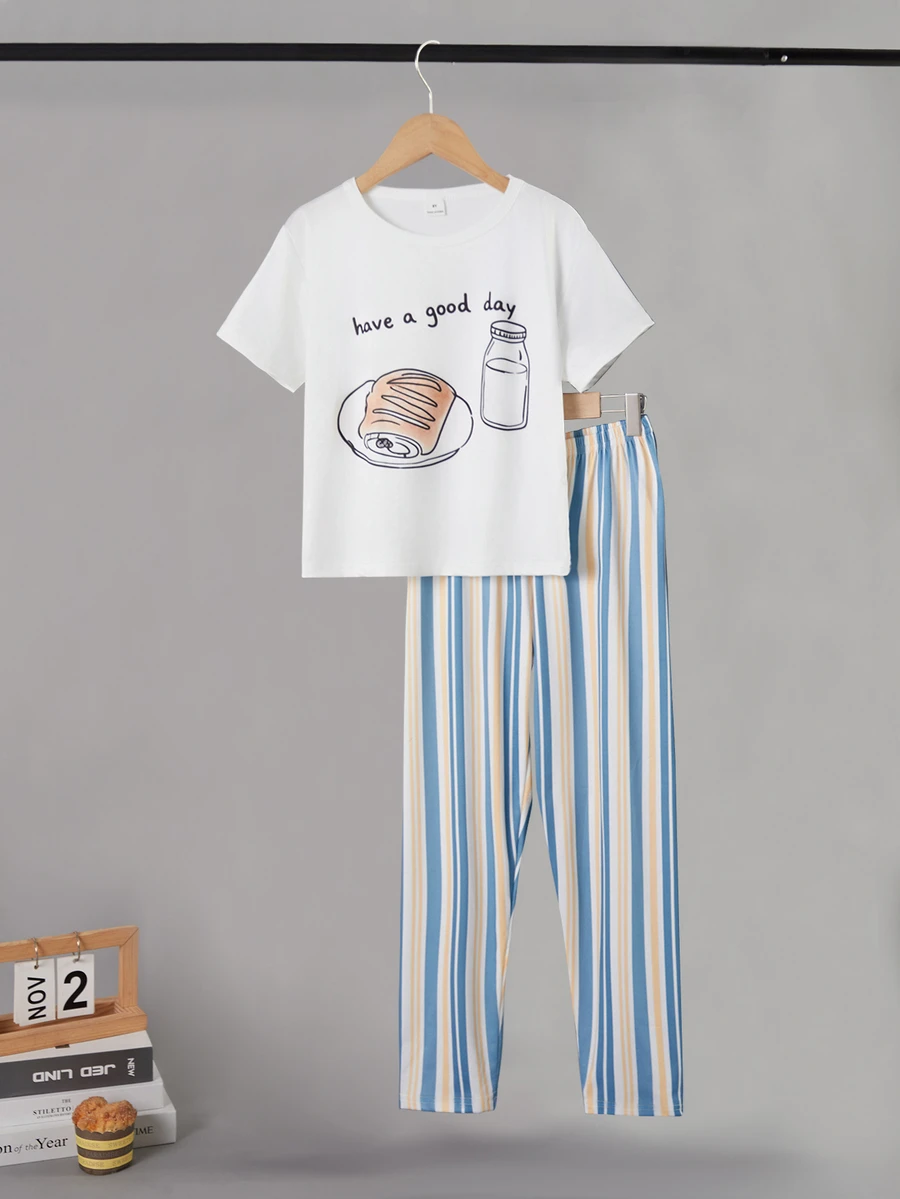 SHEIN [1 Set Dikirim Secara Acak] Set Pakaian Santai Anak Laki-Laki Lucu Modis Motif Kartun Lengan Pendek Celana Panjang Kain Sutra Susu - MultiWarna - View 1