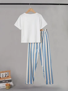 SHEIN [1 Set Dikirim Secara Acak] Set Pakaian Santai Anak Laki-Laki Lucu Modis Motif Kartun Lengan Pendek Celana Panjang Kain Sutra Susu - MultiWarna - View 2