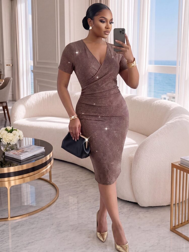 SHEIN Lady Plus Size Elegant Casual Elegant Shimmering Cross Pleated Waist V-Neck Dress Cocktail Wedding Guest Formal Evening Chocolate Brown Summer - Pink - View 1